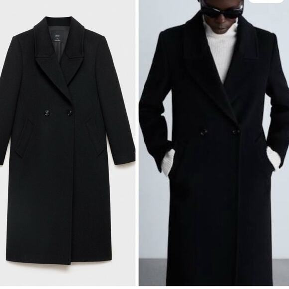 Mango Black Wool Long Peacoat Size XS - Picture 2 of 8